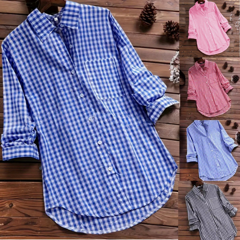 Loose Plaid Shirt Collar Long  - Vintage Fashion Ebay review and price